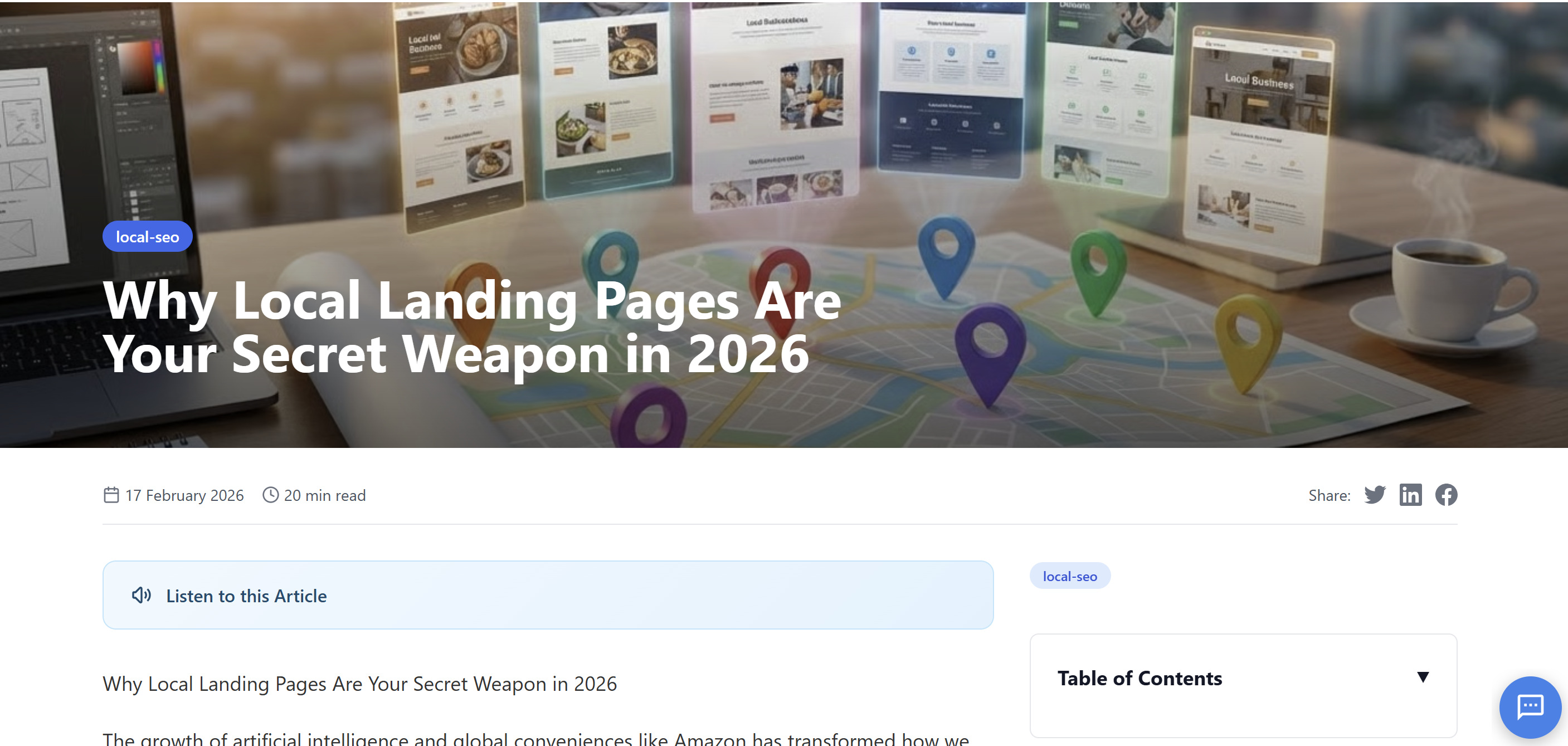 Published article with AI hero image, audio player, table of contents, and AI agent widget