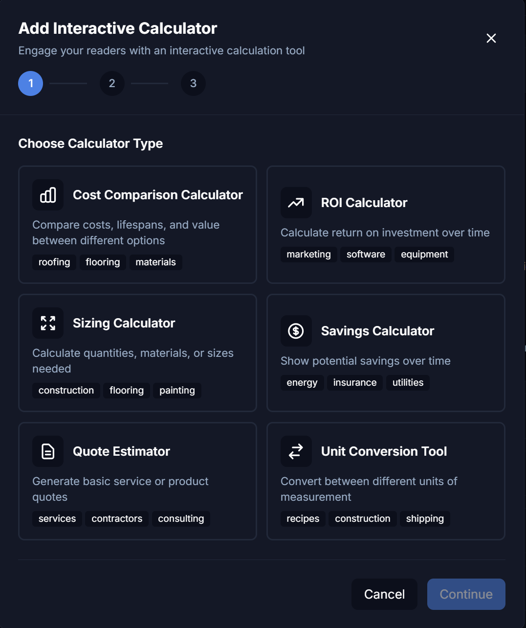 Choose calculator type: Cost Comparison, ROI, Sizing, Savings, Quote Estimator