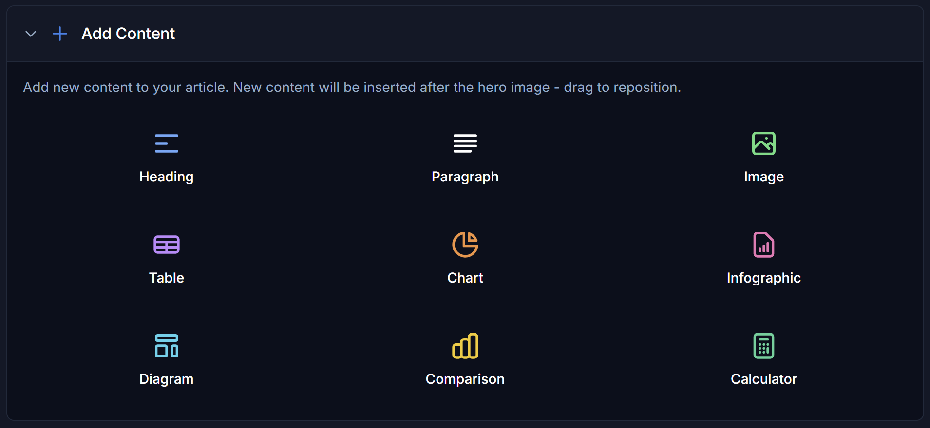 Add Content panel: Heading, Paragraph, Image, Table, Chart, Infographic, Diagram, Comparison, Calculator