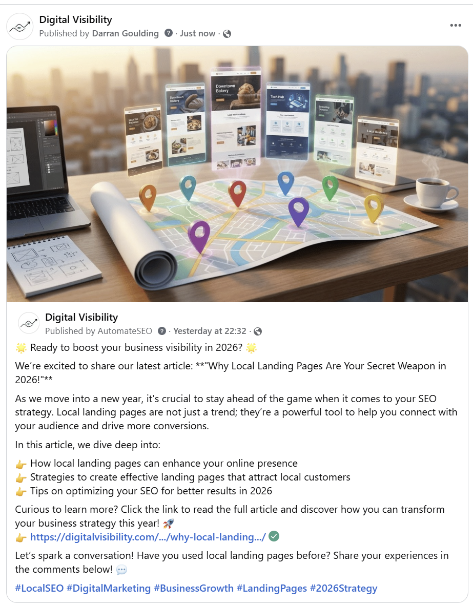Facebook Page post with link preview and hashtags