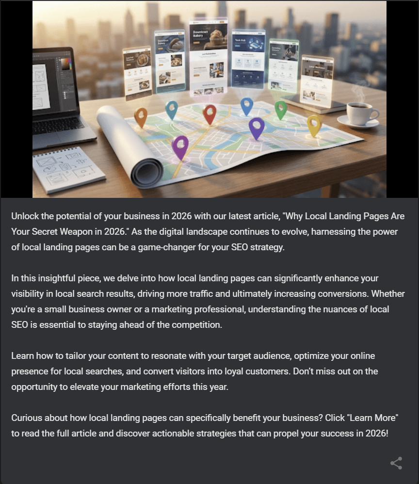 Google Business Profile post with AI-generated content and article link